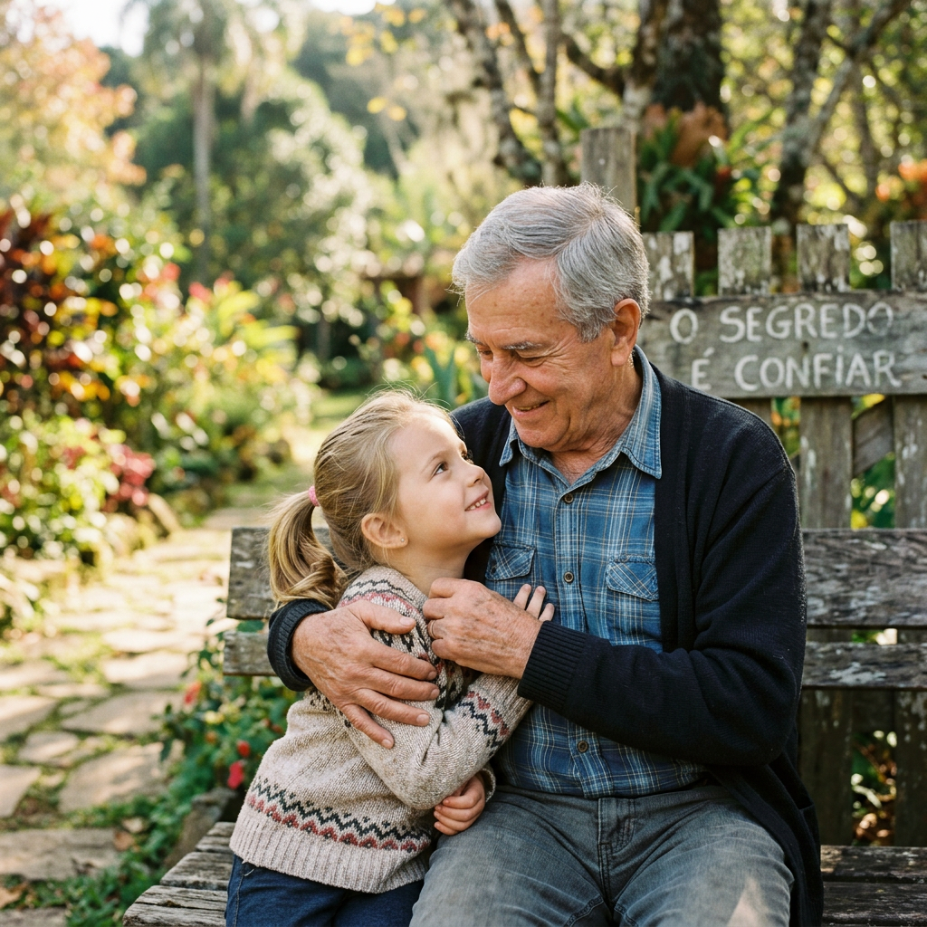 Grandfather embracing granddaughter in a garden beside a Portuguese trust sign