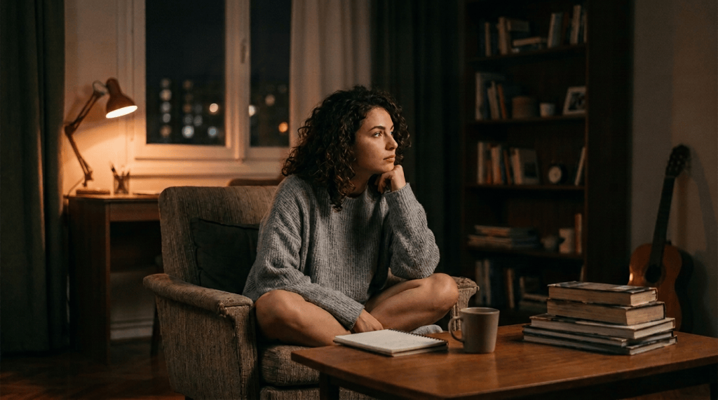Woman sitting cross-legged in an armchair beneath text reading “CRIE OUTRA?”